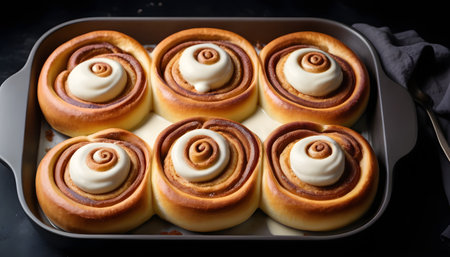 baked sweet Cinnabon with cream in a baking dish on white backgroundの素材