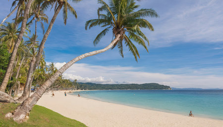 bolabog beach view with surf board and palm trees in tropical paradise boracay island philippinesの素材