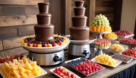 chocolate fountain catering machine with fruit skewers on rustic buffet tableの素材