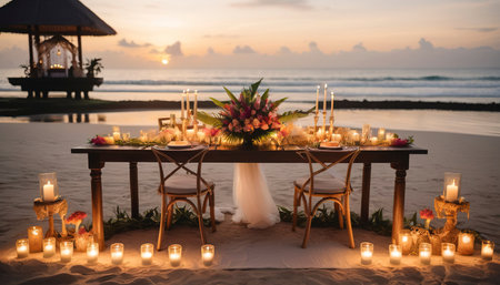 romantic wedding table design at sunset outside on tropical asian beach in bali indonesiaの素材