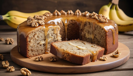 The banana cake with walnuts and maple syrup cut with slices on a wooden tableの素材
