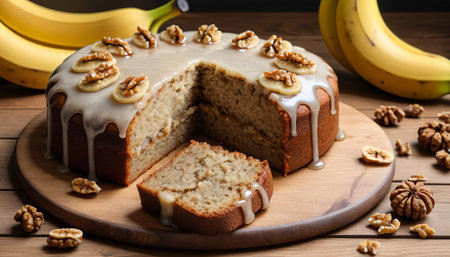 The banana cake with walnuts and maple syrup cut with slices on a wooden tableの素材