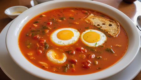 traditional spicy tomato vegetable and egg soup stew in madeira portugalの素材