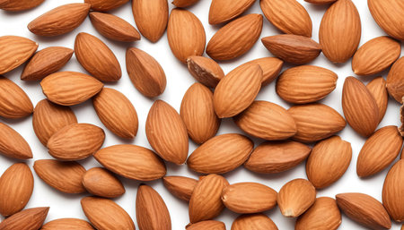 broken almonds natural roasted isolated on white backgroundの素材