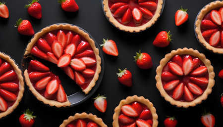 Sweet dessert with strawberry tart on black plateの素材