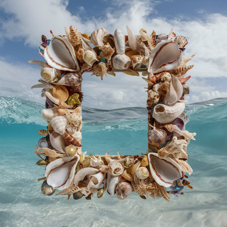 Rectangular frame from seashells, molluscs and seashells on white isolated background. Sea backgroundの素材