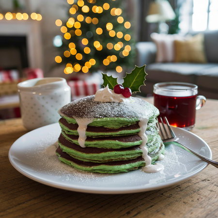 Green pancakes served with white glaze and whipped cream for Christmas breakfastの素材