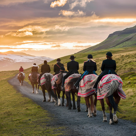 Trail riding in Iceland at sunsetの素材