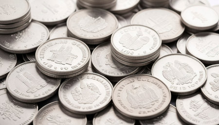 closeup silver coins stacks isolated on white backgroundの素材