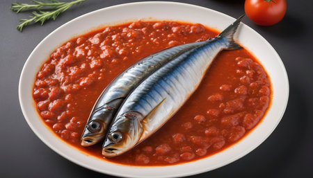 mackerel in tomato sauce isolated on white backgroundの素材