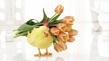 Yellow chicken with bouquet of orange tulips on white background with space for textの素材