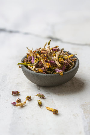 Butterfly pea tea Anchan Dried flowers to make tea Stone backgroundの素材