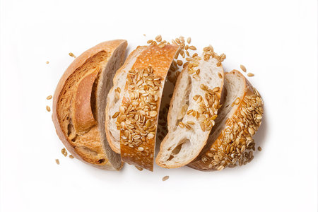 baguette bread sliced have flax seeds cereal isolated on white backgroundの素材