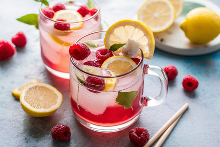 Raspberry lemon lemonade drink for hot summer daysの素材