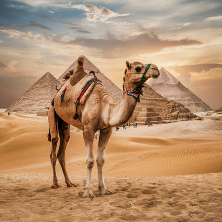 Camel and the Pyramids of Giza in Egyptの素材