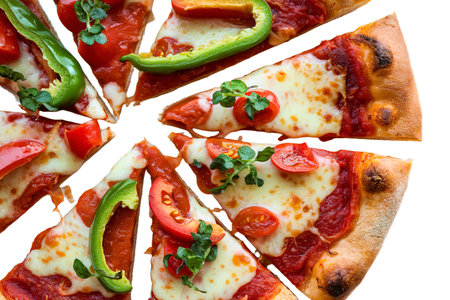 pizza slices with bell peppers and tomatoesの写真素材