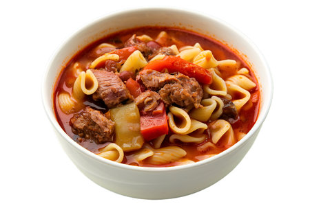 A photo of a bowl filled with homemade pasta soupの写真素材