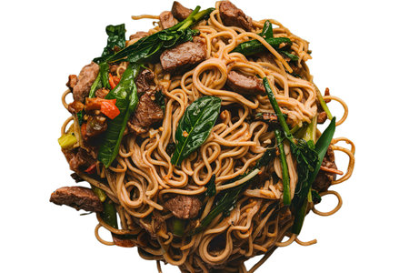 homemade noodles fried with meat, vegetablesの写真素材