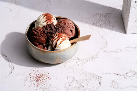 A rustic bowl filled with three scoops of vanilla, chocolate, and chocolate ice cream, topped with...
