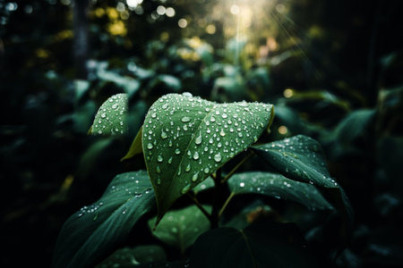 A close-up shot reveals a lush green leaf adorned with numerous water droplets, bathed in the soft glow of sunlight filtering through the surrounding foliage.の写真素材