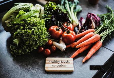 A variety of fresh produce, including lettuce, tomatoes, carrots, and other vegetables, are arranged on a dark countertop. A wooden sign reads 'healthy foods selection'.の素材