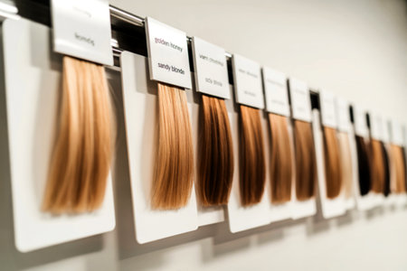 A row of hair color swatches, labeled with names like 'golden honey' and 'sandy blonde,' are neatly displayed on a metal rack, showcasing various shades of blonde and brown.の素材