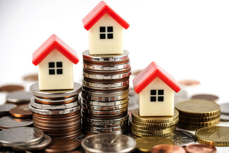 Three small, toy houses with red roofs sit atop varying stacks of coins. The arrangement visually represents the financial aspect of home ownership and real estate investment.の素材