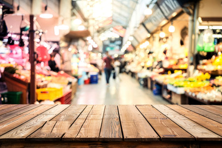 Wood floor with blur of bokeh of market backgroundの素材
