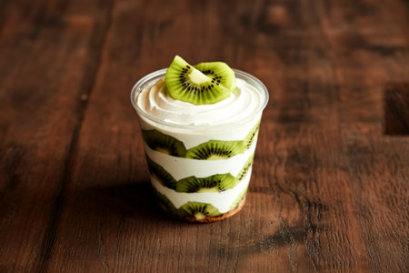A layered dessert featuring creamy white filling and vibrant kiwi slices, topped with fresh kiwi pieces, presented in a clear cup on a wooden surface.の素材