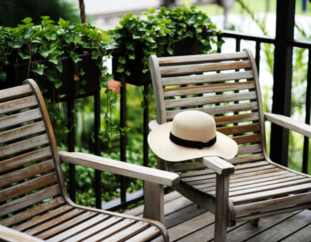 Two weathered wooden chairs sit on a deck, one adorned with a straw sun hat. Lush green ivy cascades from planters, creating a serene outdoor oasis.の素材