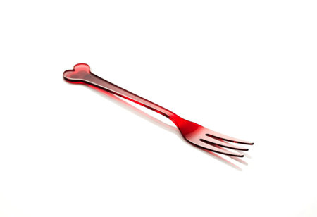 A transparent red plastic fork is positioned diagonally on a clean white surface. The fork has a unique bone-shaped handle and its tines are clearly visible, casting a subtle shadow.の素材