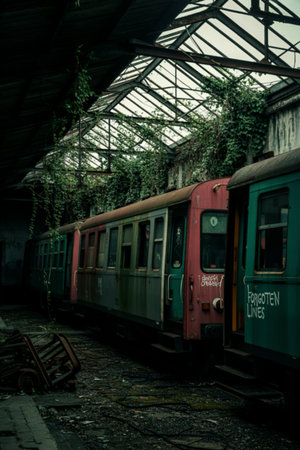 Overgrown train cars in abandoned stationの素材