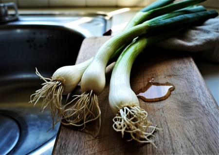 Three fresh scallions with visible roots lie on a wooden cutting board. A small puddle of water reflects the light, with a kitchen sink and towel in the blurred background.の素材