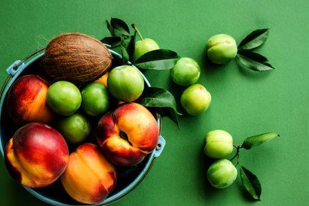 top view of fresh fruits such as peachescoconutgreen cherry plums on a bucket on a green backgroundの素材
