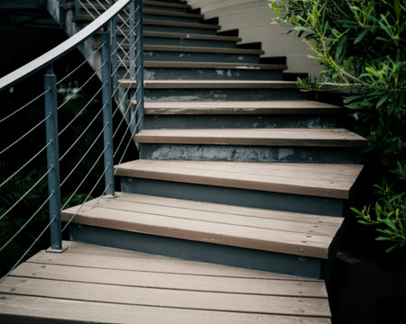A close-up view of contemporary outdoor stairs featuring wooden treads and a sleek metal cable railing. Lush green foliage frames the side, suggesting a natural, inviting setting.の素材