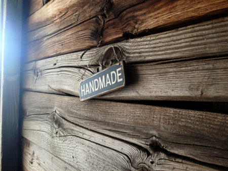 Handmade sign on rustic wooden wall backgroundの素材