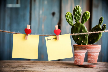 A potted prickly pear cactus sits next to two yellow sticky notes clipped to a twine clothesline with red heart clothespins against a rustic blue wooden background.の素材