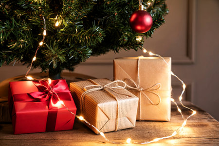A festive scene with a Christmas tree adorned with warm fairy lights and a red ornament. Three gifts are neatly wrapped in kraft paper and tied with twine, with one prominent red gift box.の素材