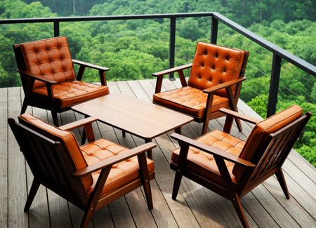 Four stylish, tufted leather armchairs with wooden frames surround a low wooden coffee table on a weathered deck. A lush green forest vista is visible beyond the railing.の素材
