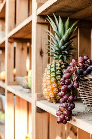 A ripe pineapple and a bunch of red grapes are artfully arranged on a rustic wooden shelf, creating a vibrant and natural display.の素材