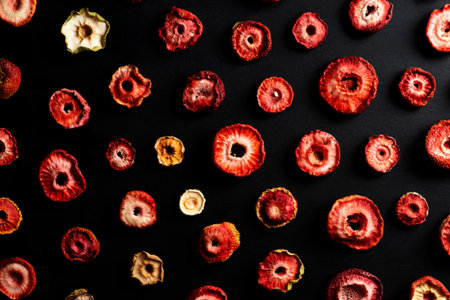 top view of dried strawberry slices isolated on black background