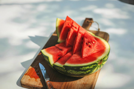 A juicy watermelon is cut into triangular slices and arranged on a rustic wooden board, bathed in sunlight. Sweet summer treat.の写真素材