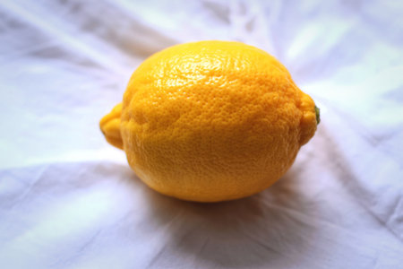 A close-up, eye-level shot showcases a whole, vibrant yellow lemon. Its textured rind is clearly...