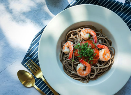 A close-up overhead view of a white bowl filled with dark pasta, topped with succulent shrimp, a...