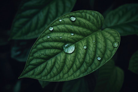 A detailed close-up shot captures a single, heart-shaped leaf glistening with morning dew. The dark...