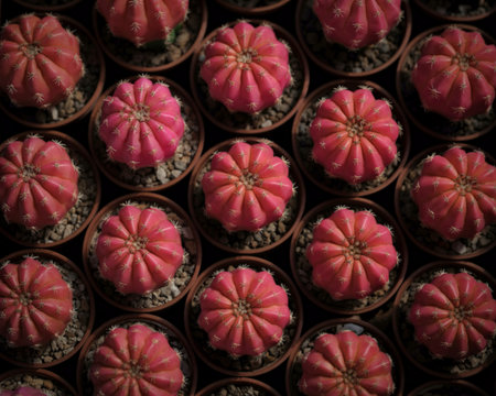 A collection of small, round cacti with vibrant pink coloration and prominent ribs. They are neatly...