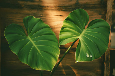 This close-up shot features two lush, green Monstera deliciosa leaves set against a warm brown...