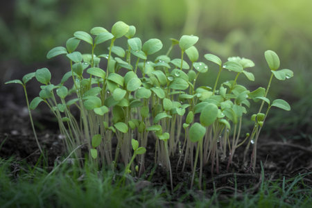 A cluster of young, delicate green seedlings, each adorned with tiny water droplets, sprouts from...
