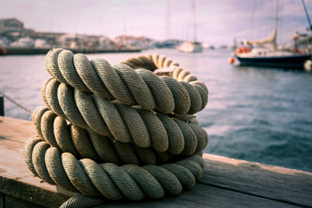 A close-up shot of a thick, weathered rope coiled on a wooden dock, with a blurred background of...