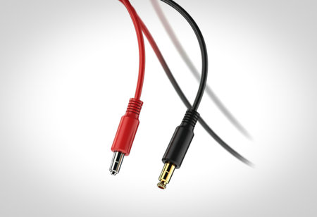 Two audio jack cables, one red and one black, are shown in a close-up view. They are positioned...